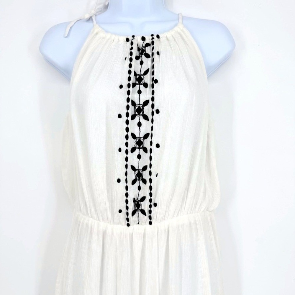 Womens White Embroidered Halter Maxi Dress Gauze Tiered Ruffle Airy Ethereal S